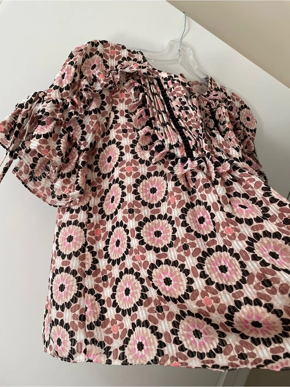 kate spade Ruffle Sleeve Silk Blend Top XXS Pink Floral Mosaic By the Pool Lined